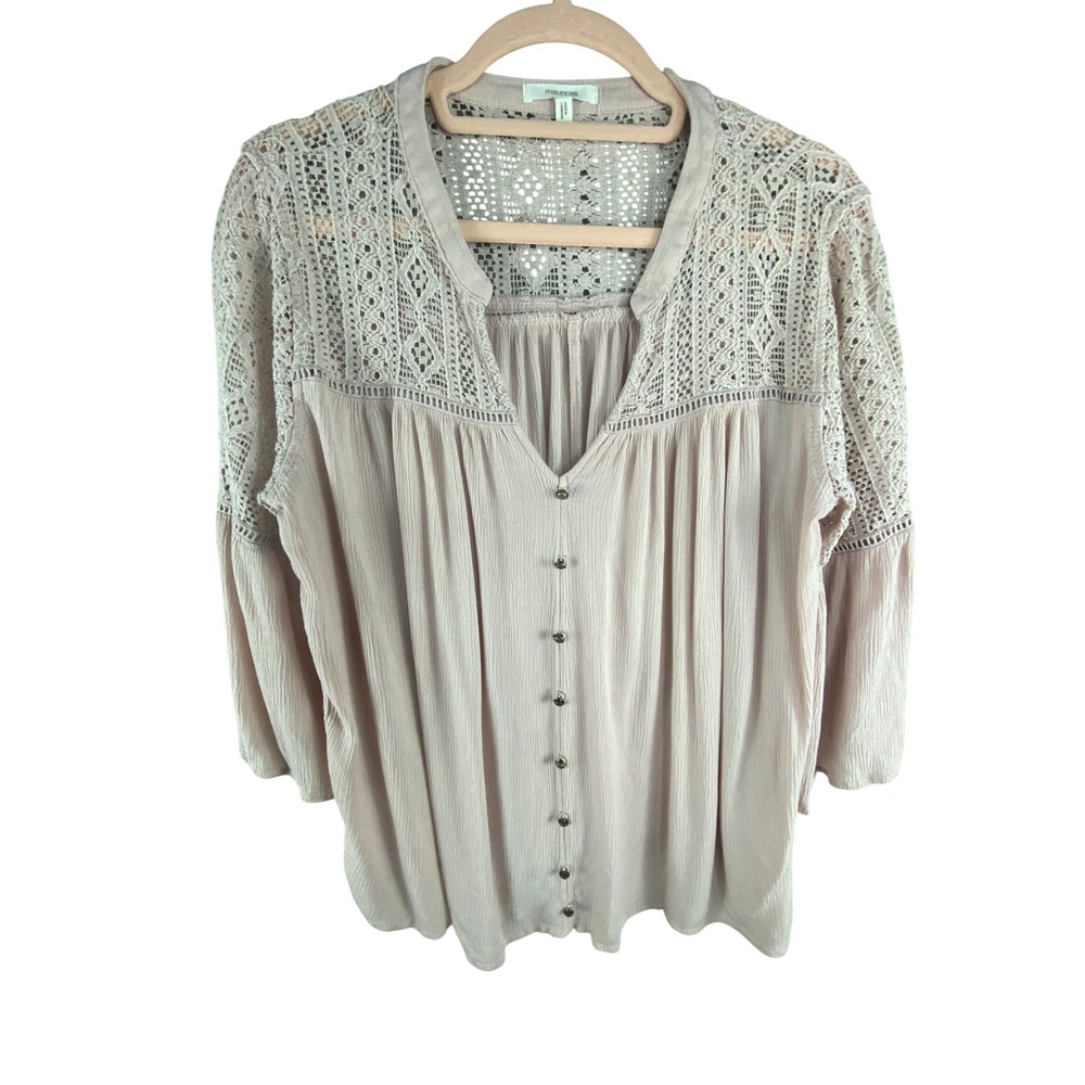 Maurices Womens Blouse 0X 14W Boho Crochet‎ Lace Bell Sleeve Beige Button Front
